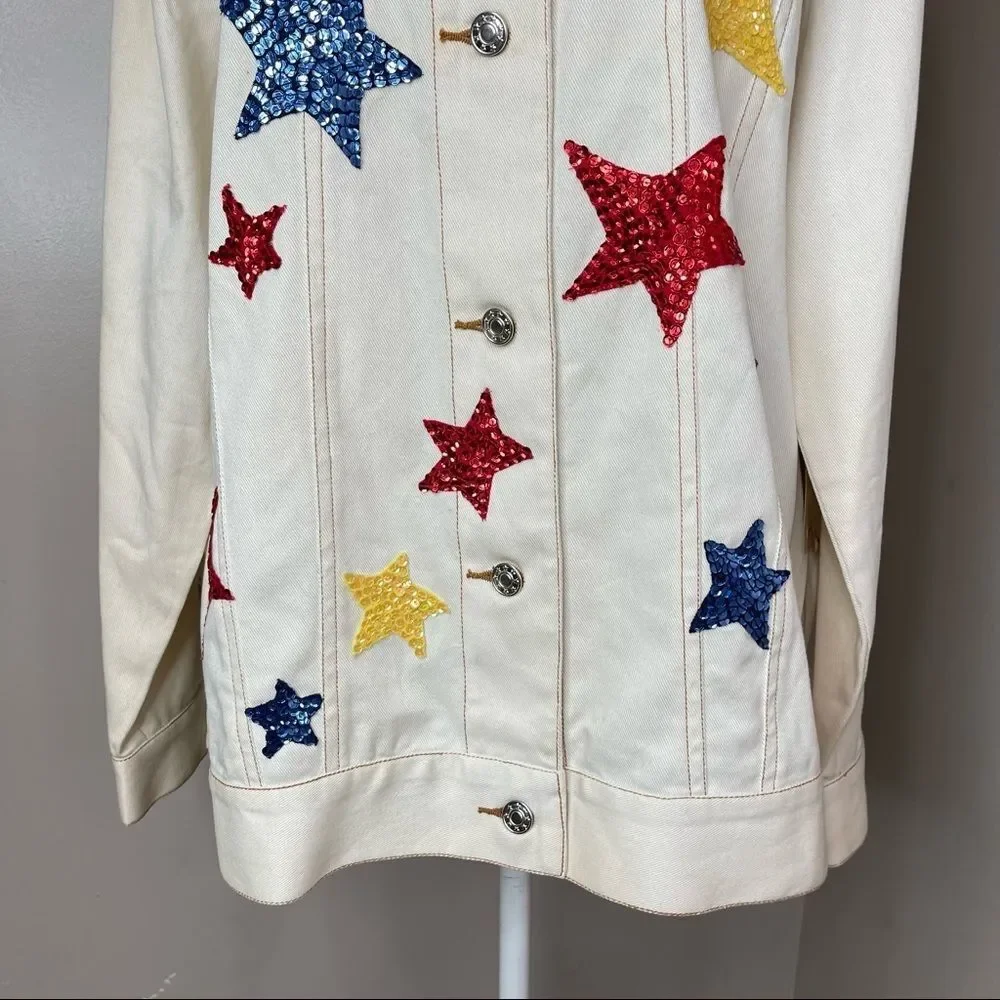 Dianes Beige Star Jeans Jacket Large NWT - Picture 14 of 15